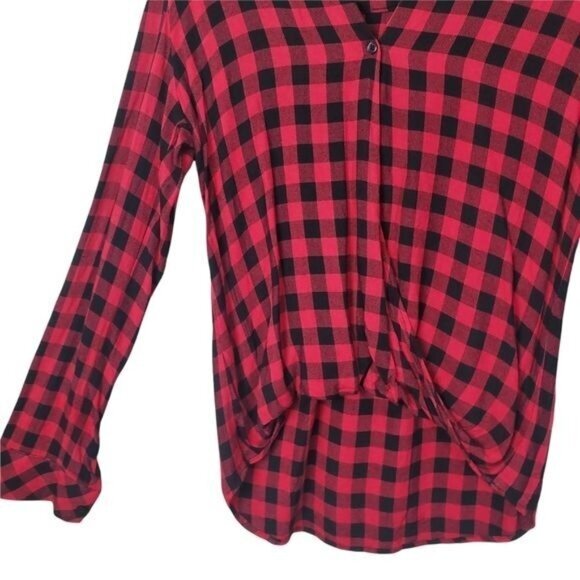 CLOTH & STONE ANTHRO Women Top SZ XS Checker Plaid Boyfriend Long Sleeve Splice - Picture 7 of 10